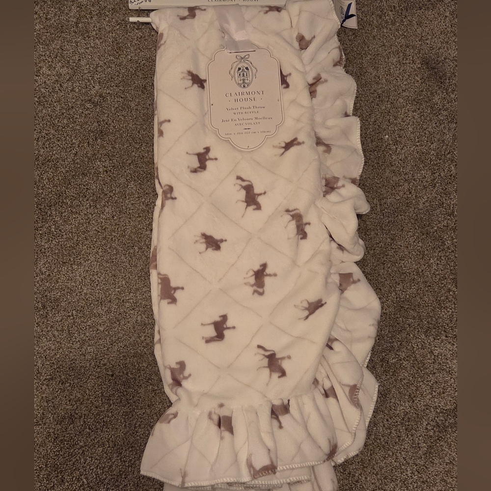 Clairmont House Plush Ruffle Throw with Horse Print - Cream & Brown